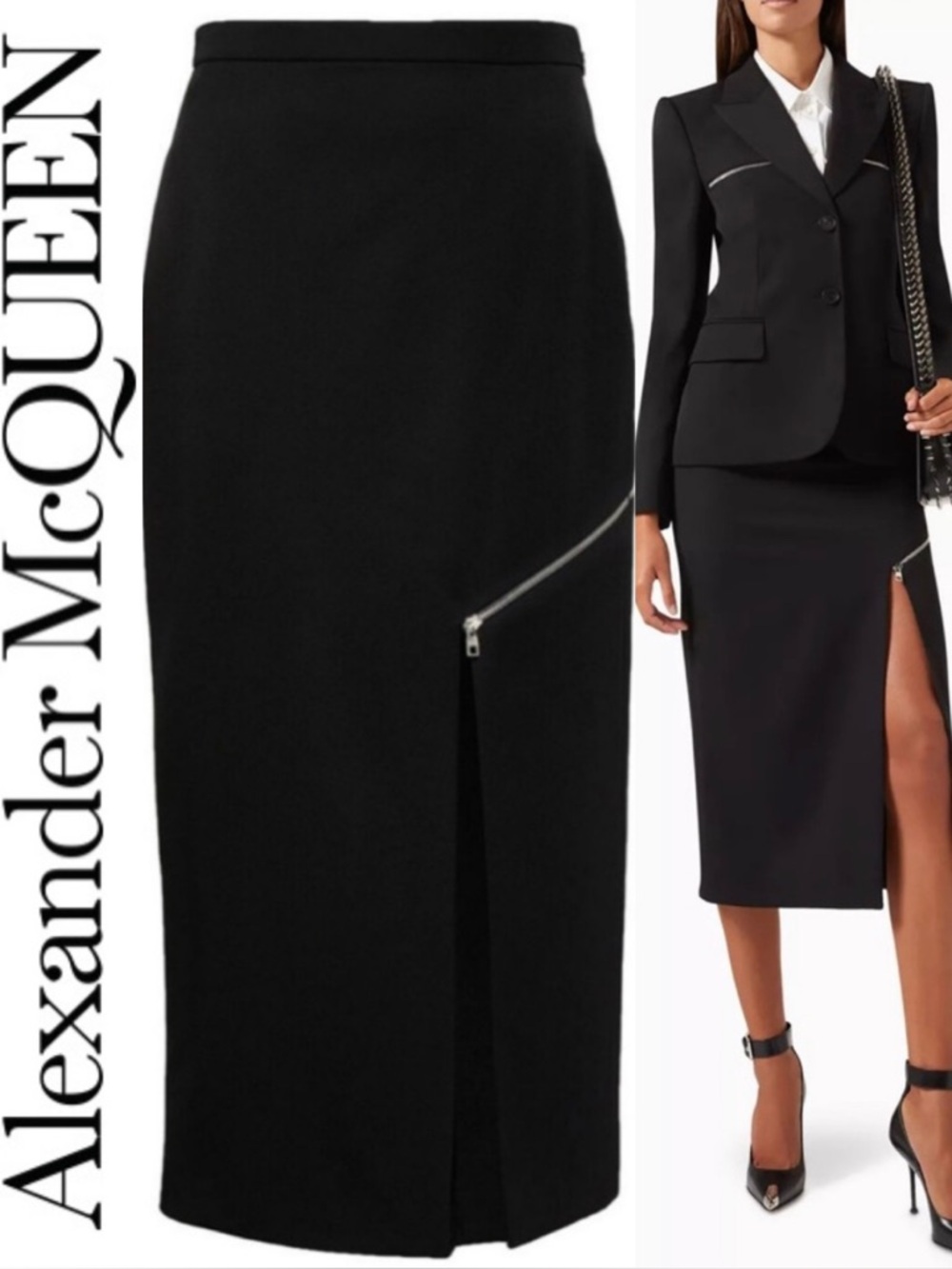 Alexander McQueen Zip-embellished Wool Midi Skirt